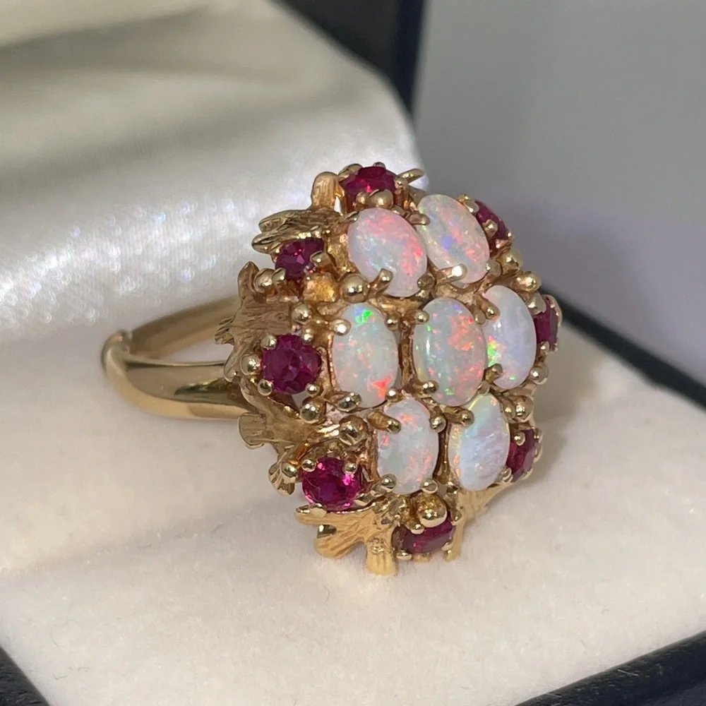 Solid Real 14K Yellow Gold Leaves Opal Ruby Bold Statement Ring Vintage Antique
